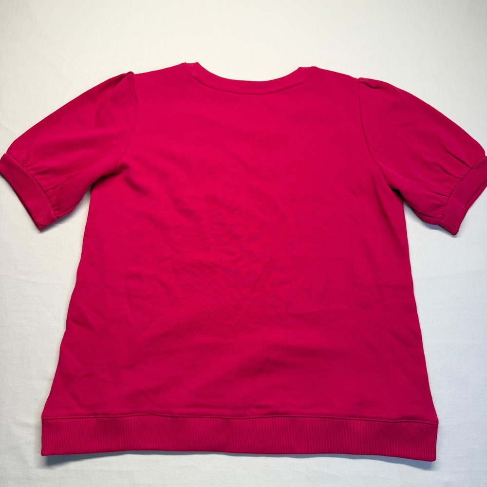 Talbots Pink Puff Sleeve Sweatshirt Top Gold Button Shoulder Cotton Small NWT - Picture 6 of 10